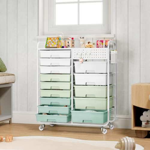 14 Drawer Rolling Storage Cart with Tabletop and Pegboard for Crafts