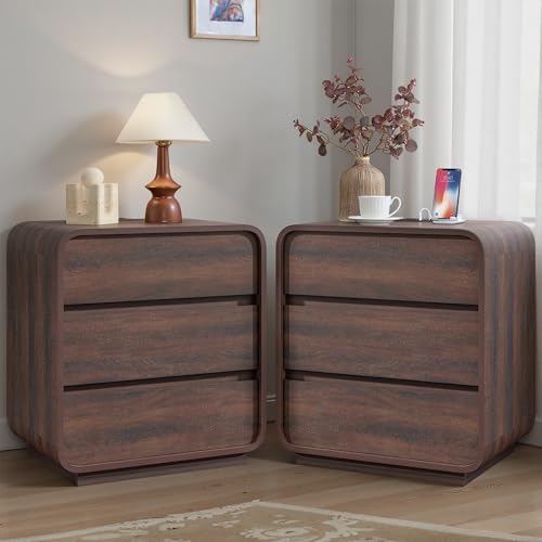 Curved Nightstand Set of 2 with Charging Station