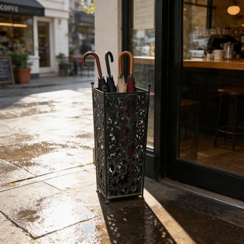 Vintage White Metal Umbrella Stand with Ornate Cutout Pattern Antique Decorative Umbrella Holder with Detachable Drip Tray for Entryway Storage Umbrellas Canes & Walking Sticks