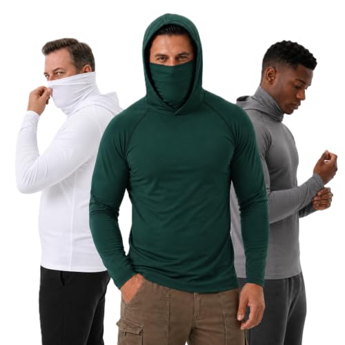 3 Pack Mens Sun Protection Fishing Hoodie with Face Mask UPF 50+ Long Sleeve Compression Work Shirt Quick Dry