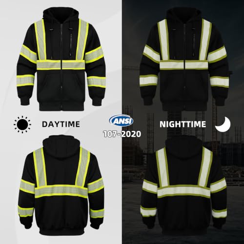 High Visibility Safety Hoodie Reflective ANSI Class 3 Sweatshirts for Men Hi Vis Construction Work Zipper Jackets