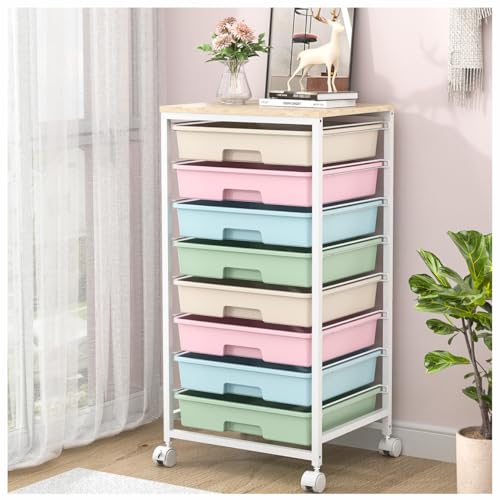 Rolling Cart with 8 Drawers and Wooden Tabletop