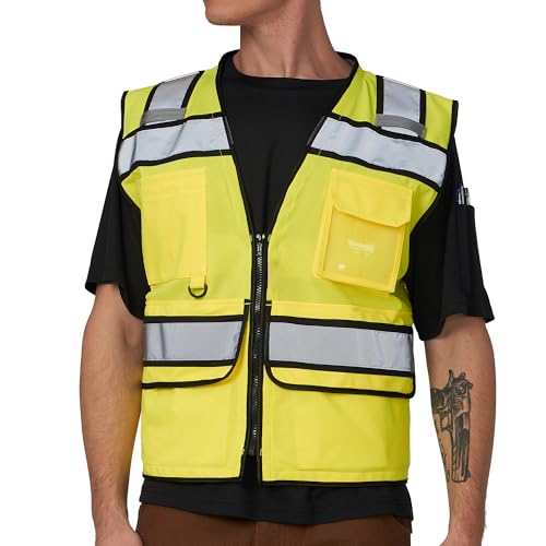 High Vis Reflective Safety Vest for Men Women Zipper Ipad Pockets Mesh Construction Apparel Neon Vest for Work