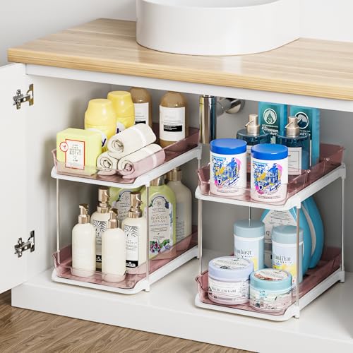 2-Tier Multi-Purpose Bathroom Under Sink Organizers and Storage, Stackable Kitchen Pantry Organization, Pull Out Medicine Cabinet Organizer with Movable Dividers