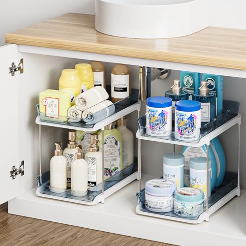 2-Tier Multi-Purpose Bathroom Under Sink Organizers and Storage, Stackable Kitchen Pantry Organization, Pull Out Medicine Cabinet Organizer with Movable Dividers