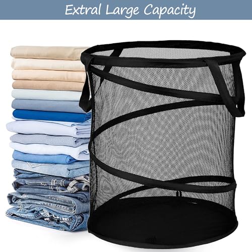 Deluxe Extra Large Strong Pop up Laundry Hamper Basket with Side Long Straps Drawstring Barrel Foldable Hamper for Laundry Room