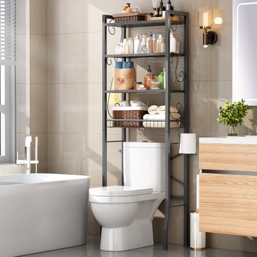 Over-The-Toilet Storage Rack 4-Tier,Bathroom Organizer Shelf Over Toilet,Adjustable Wooden Shelves and Basket,Freestanding Above Toilet Shelves,Space Saver for Rooms