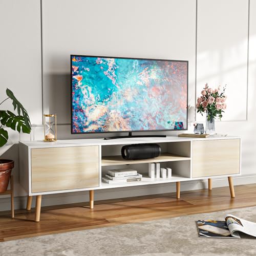 Wood Entertainment Center TV Console Table with Storage Cabinets for Living Room