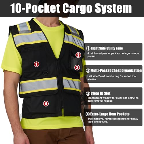 High Vis Reflective Safety Vest for Men Women Zipper Ipad Pockets Mesh Construction Apparel Neon Vest for Work