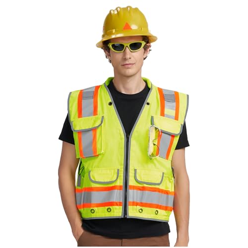 Heavy Woven cotton High Vis Reflective work construction safety vest for men Class 2 with ipad Cargo Back Pocket