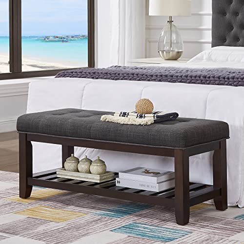 Large Rectangular Upholstered Tufted Linen Ottoman Bench