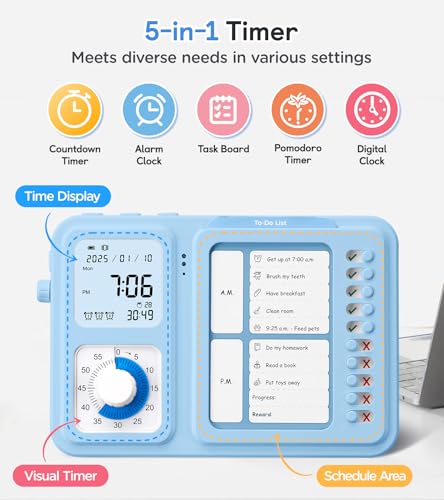 3-in-1 Visual Timer & ADHD Tool for Kids Adults, ADHD Task Timer with Chore Chat Board Schedule, Homeschool