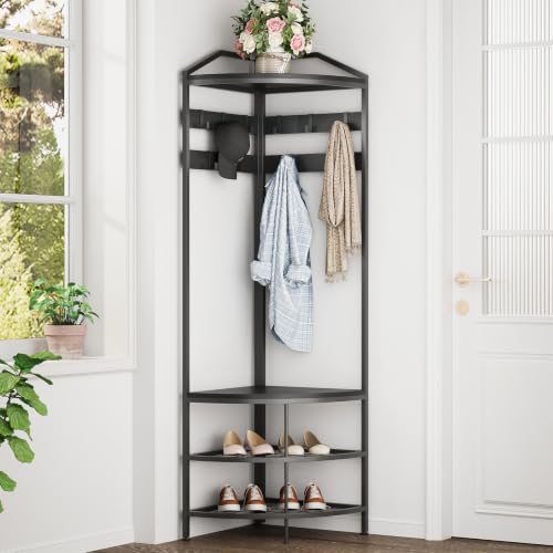 Corner Hall Tree with Shoe Bench Entryway Coat Rack with 10 Metal Movable Hooks Freestanding Clothes Rack Shoes Shelf Organizer for Home Office Bedroom