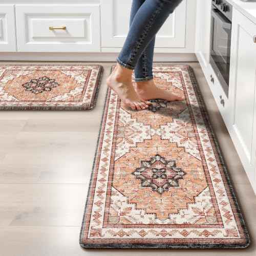 Boho Kitchen Mats for Floor 2 Piece Set Anti Fatigue Cushioned PVC Kitchen Rugs Non Slip Waterproof Farmhouse Mats 2