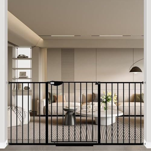 Triple Lock Baby Gate Extra Wide Pressure Mounted Walk Through Swing Auto Close Safety Black Metal Dog Pet Puppy for Stairs