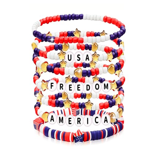 250 Anniversary USA Merchandise 4th of July Outfits for Women Men Teens Red White Blue Clay Beaded Stretch Bracelets USA Patriotic Jewelry 4th of July Accessories