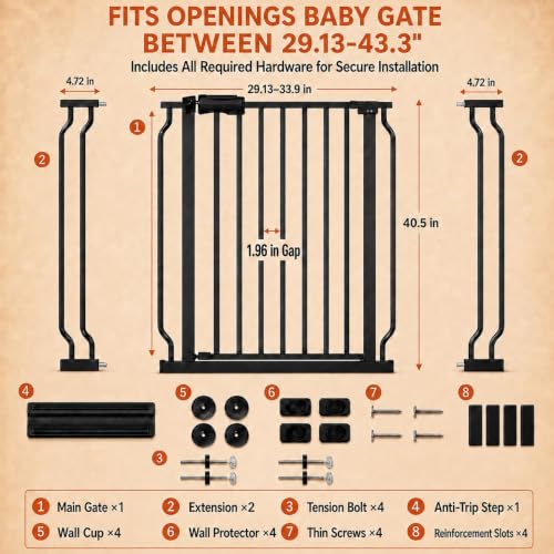 Baby Gate Extra Wide Pressure Mounted Walk Through Swing Auto Close Safety Black Metal Toddler Kids Child Dog Pet Puppy for Stairs