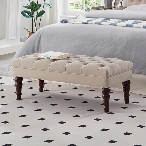 Velvet Upholstered Buttons Tufted Entryway Bench with Solid Wood Leg