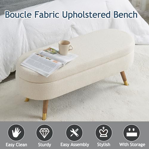 Oval Storage Bench 43.5" Linen Fabric Upholstered Entryway Bench with Solid Wood Legs Ottoman Bench Indoor Bench for Living Room