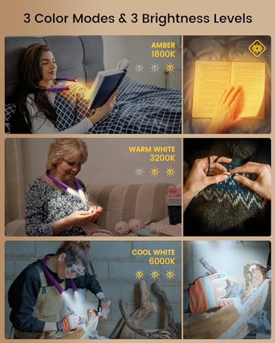 Book Light, 3-Color & 6-Brightness Reading Light, Bendable Neck Light, Long Lasting Rechargeable Lamp, Perfect Book Light for Reading in Bed, Knitting, Camping, Repairing, Book Lovers Gifts