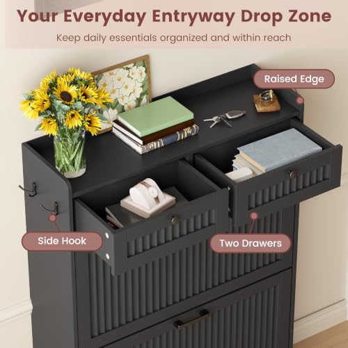 Fluted Shoe Storage Cabinet with 2 Flip Drawers & 2 Top Drawers