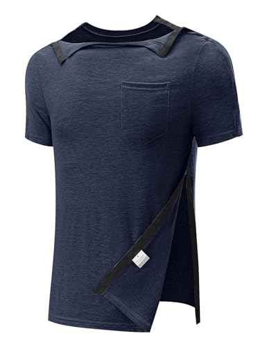 Men's Post Shoulder Surgery Recovery Shirts Full Tear Away Short Sleeve Snap Chemo Port Access Shirt