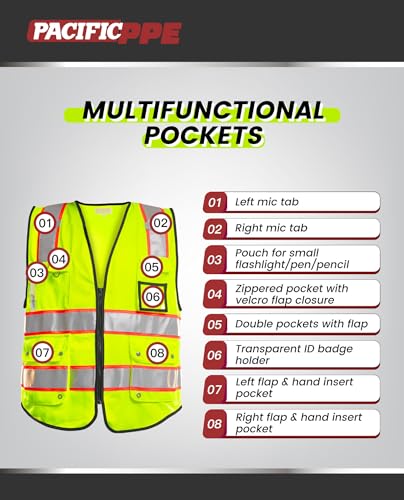 10 Pockets High Visibility Zipper Front Safety Vest with Reflective Strips