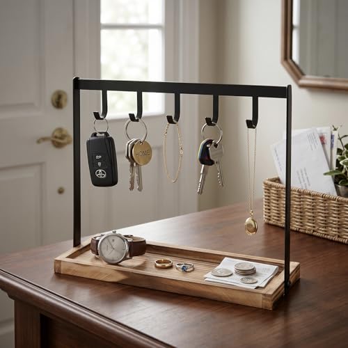 Black Metal Entryway Key Holder with 5 Hooks and Burnt Wood Base