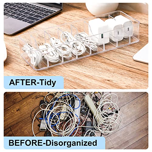 Cable Organizer Box with Wire Ties Cord Storage Charger Box Plastic Electronics Organizer with 8 Removable Divider Cable Storage for Office Home Desk Accessories