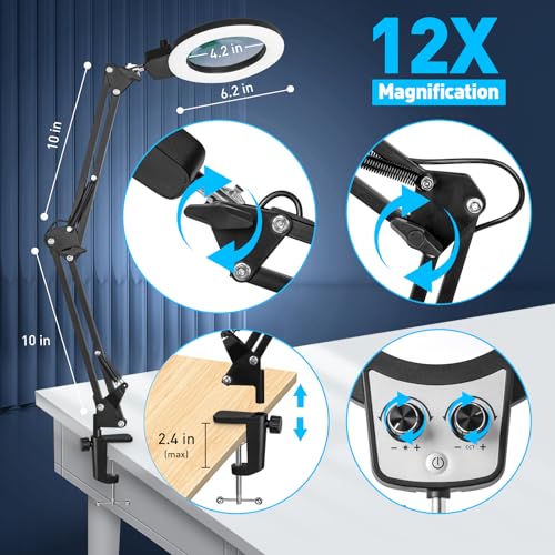 12X Magnifying Glass with Light and Stand