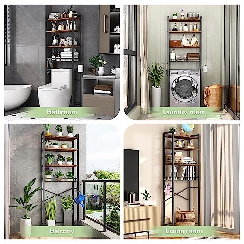 Over-The-Toilet Storage Rack, 4-Tier Bathroom Organizer Shelf Over Toilet with Adjustable Shelf and Basket, Freestanding Space Saver Bathroom Shelves Above Toilet for Room