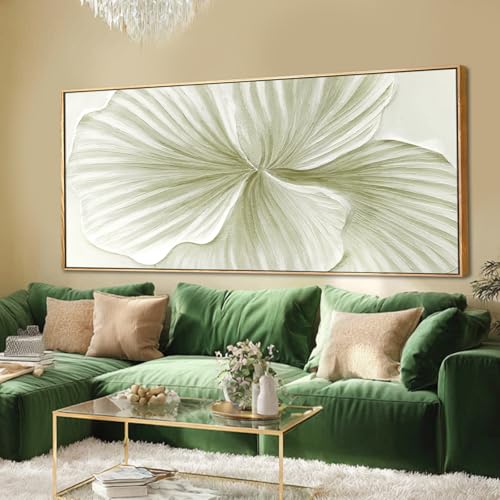 Green Abstract Canvas Wall Art with Gold Ginkgo Leaves and White Black Plum Blossom Accents Modern Nature Painting for Living Room Bedroom Office Contemporary Home Wall Decor