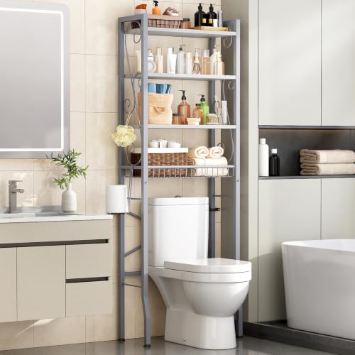 Over-The-Toilet Storage Rack 4-Tier,Bathroom Organizer Shelf Over Toilet,Adjustable Wooden Shelves and Basket,Freestanding Above Toilet Shelves,Space Saver for Rooms