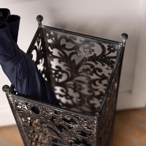 Vintage White Metal Umbrella Stand with Ornate Cutout Pattern Antique Decorative Umbrella Holder with Detachable Drip Tray for Entryway Storage Umbrellas Canes & Walking Sticks