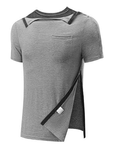 Men's Post Shoulder Surgery Recovery Shirts Full Tear Away Short Sleeve Snap Chemo Port Access Shirt