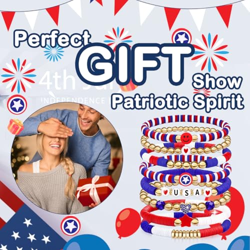 250 Anniversary USA Merchandise 4th of July Outfits for Women Men Teens Red White Blue Clay Beaded Stretch Bracelets USA Patriotic Jewelry 4th of July Accessories