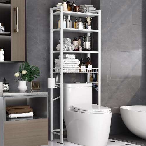 Over-The-Toilet Storage Rack, 4-Tier Bathroom Organizer Shelf Over Toilet with Adjustable Shelf and Basket, Freestanding Space Saver Bathroom Shelves Above Toilet for Room
