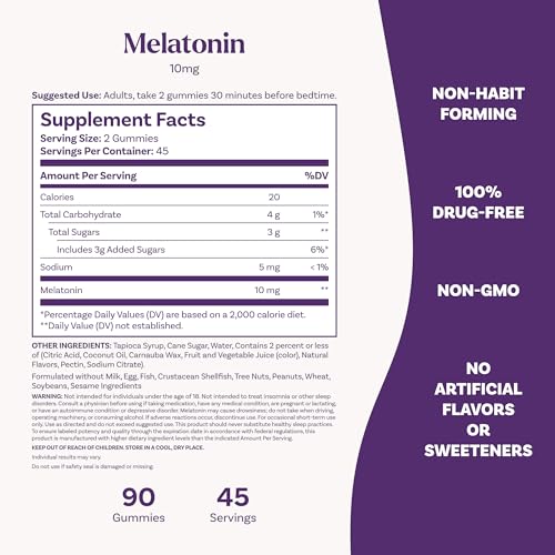 Gummies Melatonin 10Mg Sleep Support Bottle Drug Free Unisex Adult No