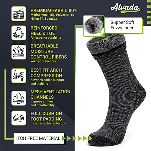 Mens Merino Wool Crew Socks Thermal and Warm Socks for Winter Work Hiking Running 3 Pairs