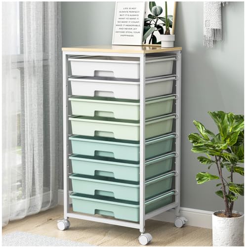 Rolling Cart with 8 Drawers and Wooden Tabletop