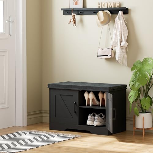 Farmhouse Shoe Storage Bench with Barn Doors & Padded Seat Cushion
