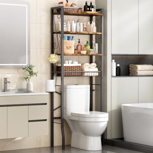 Over-The-Toilet Storage Rack 4-Tier,Bathroom Organizer Shelf Over Toilet,Adjustable Wooden Shelves and Basket,Freestanding Above Toilet Shelves,Space Saver for Rooms