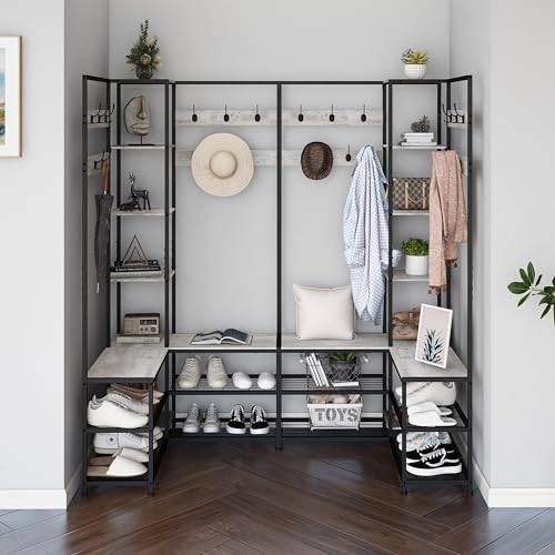 Corner Hall Tree with Shoe Rack Storage Bench Display Open Shelves Modern Industrial Entryway Coat Rack Stand for Home Living Room Mudroom Bedroom Multifuncitonal 5 in 1