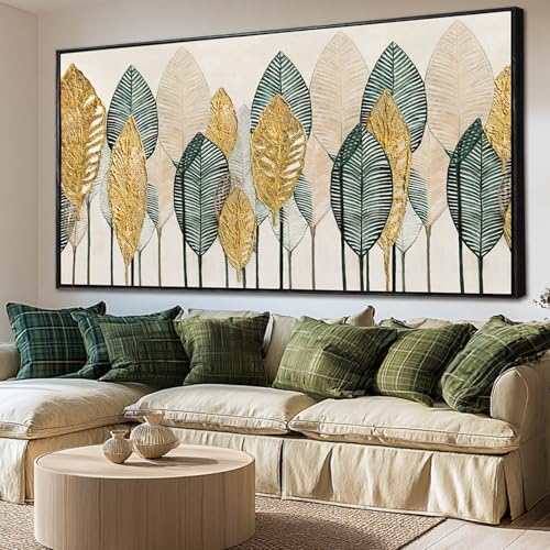 Large Canvas Wall Art for Living Room Leaf Wall Decor Figure Prints Pictures Green And Gold Arts White Hand Drawn Paintings for Bedroom Dining Room Gallery