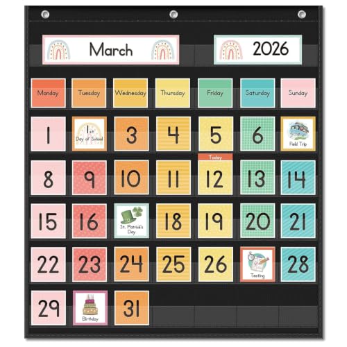 Classroom Monthly Calendar Pocket Chart with 71 Cards for Kids Learning for Home