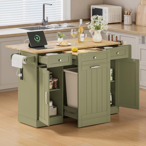 61" Kitchen Islands with Movable Wood Cutting Board & Trash Storage Cabinets