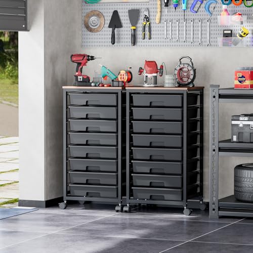 Rolling Cart with 8 Drawers and Wooden Tabletop