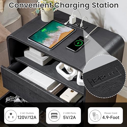 Curved Nightstand Set of 2 with Charging Station