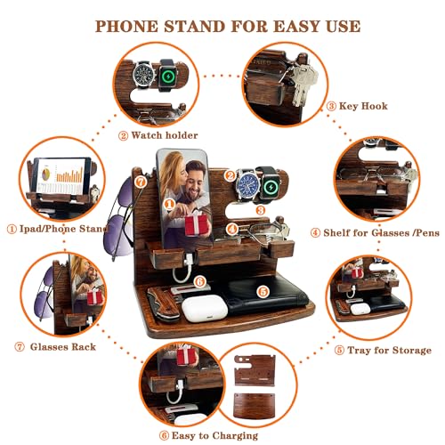 Gifts for Men from Wife Nightstand Organizer for Men Wood Phone Docking Station Phone Holder for iPhone