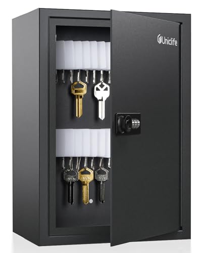 Slotted Key Cabinet with Combination Lock Wall Mounted Steel Key Organizer with Resettable Code Black Digital Security Box with Slotted Racks White Key Tags and Permanent Marker